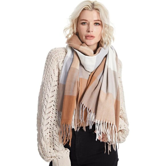 Women Light Brown Winter Warm Shawl Wraps Tartan Blanket Oversized Scarves - Picture 1 of 5